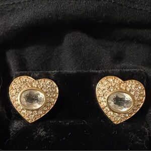 Vintage SWAROVSKI Swan Signed Heart Shaped Pave Crystal Gold Pierced Earrings